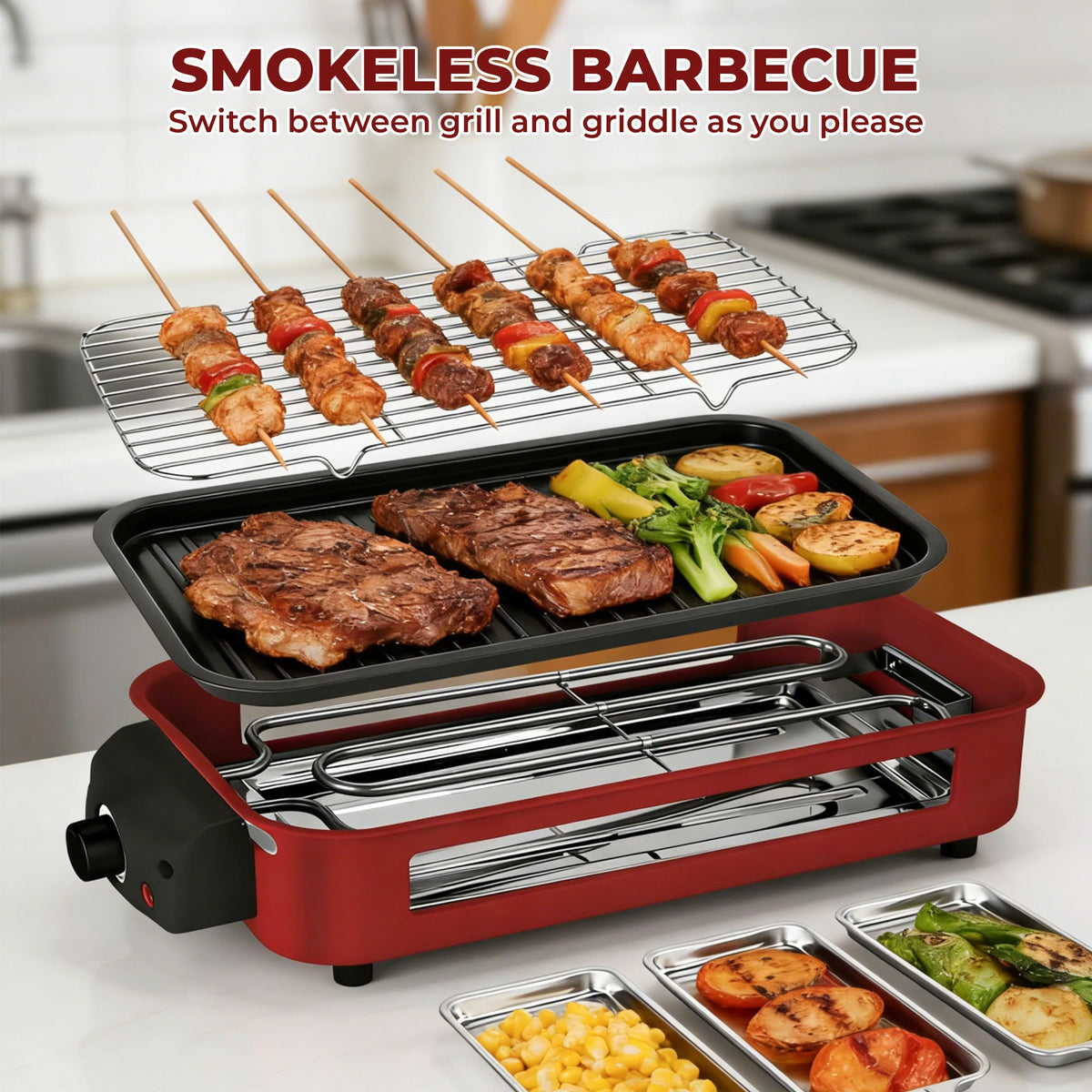 Sumetas Smokeless Electric Grill With Removable Griddle And Tray