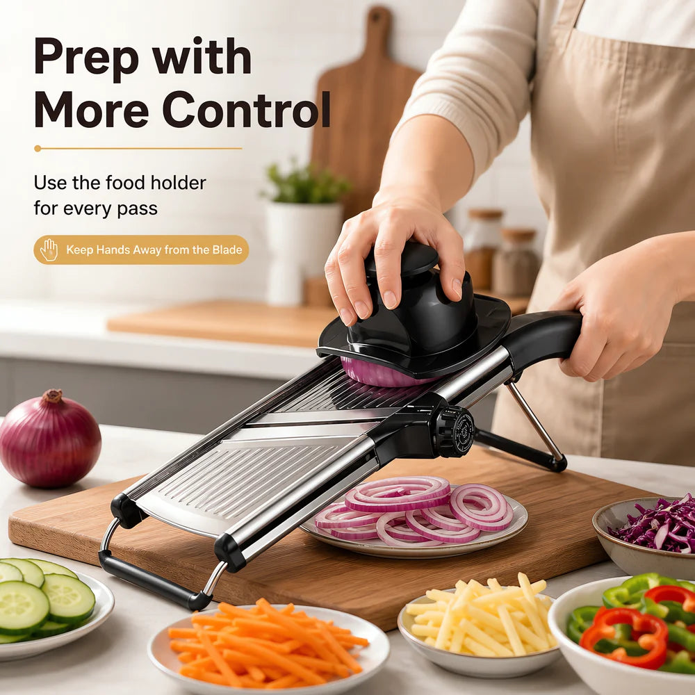 Adjustable Mandoline Slicer With Food Holder And Julienne Cutter blades