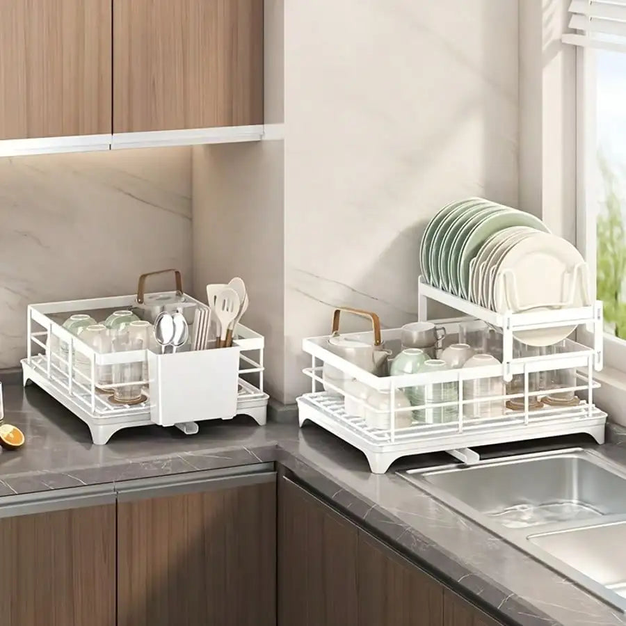 Retractable Stainless Steel Dish Rack With Pot Cup Storage