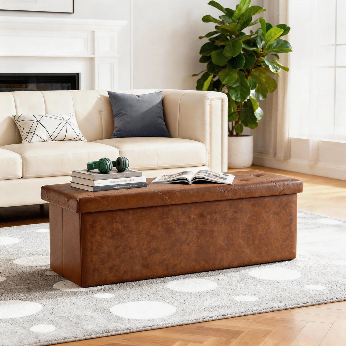 SARENZOON Folding Faux Leather Storage Ottoman Bench