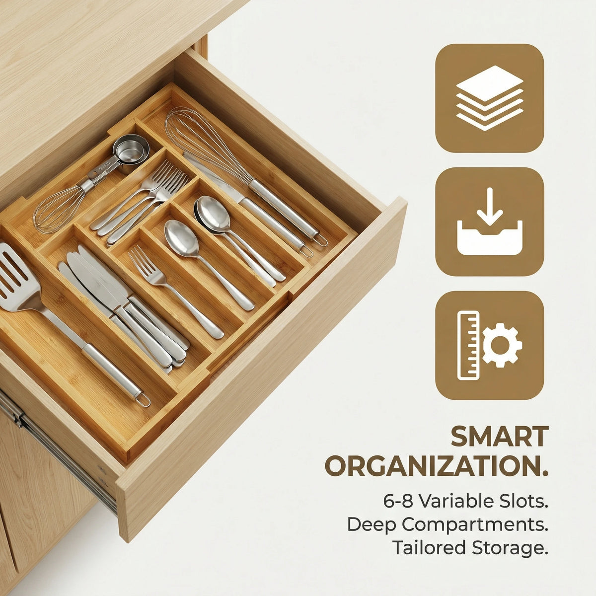 Expandable Bamboo Silverware Drawer Organizer for Kitchen Utensil Storage