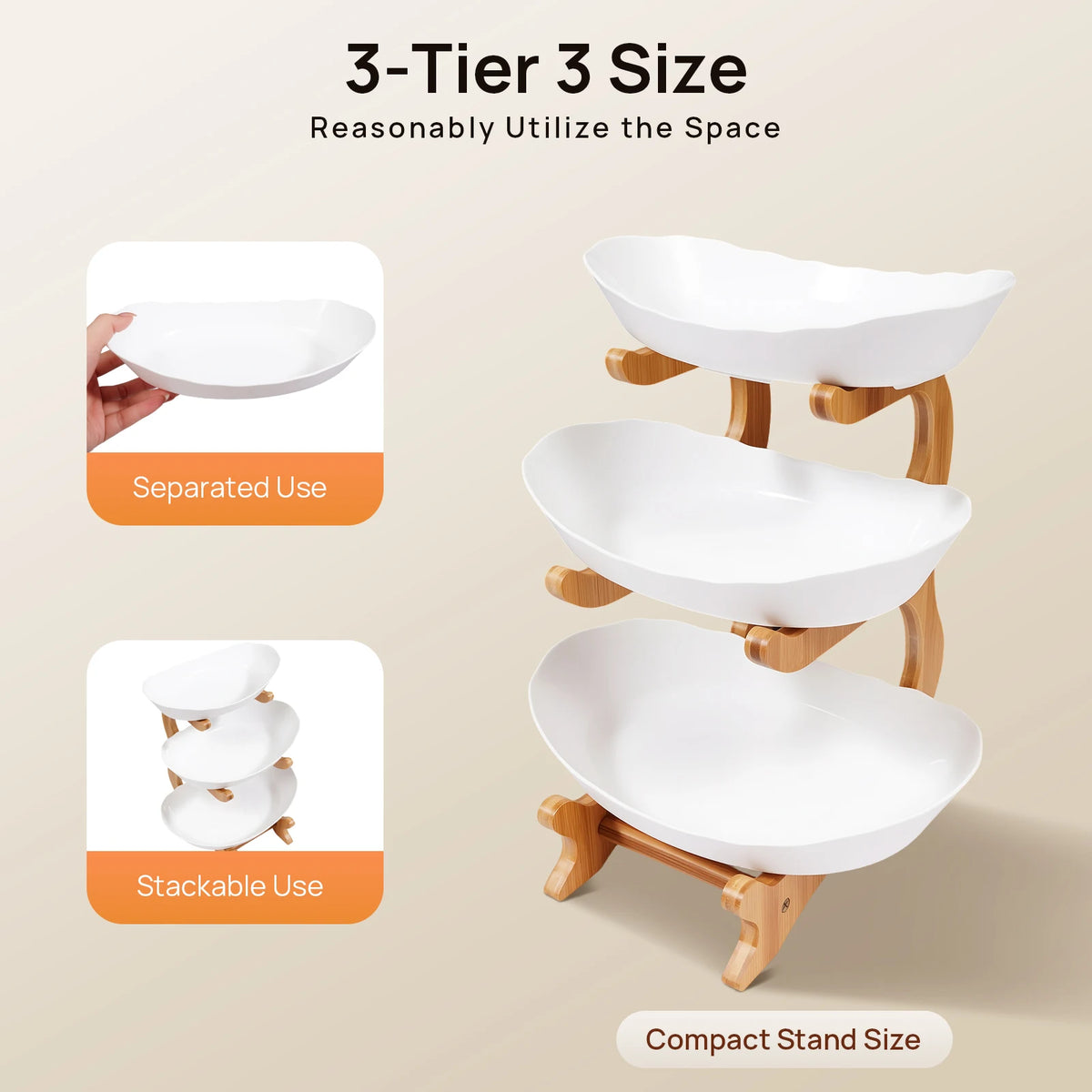 Three Tier Fruit Serving Tray With Bamboo Stand For Parties