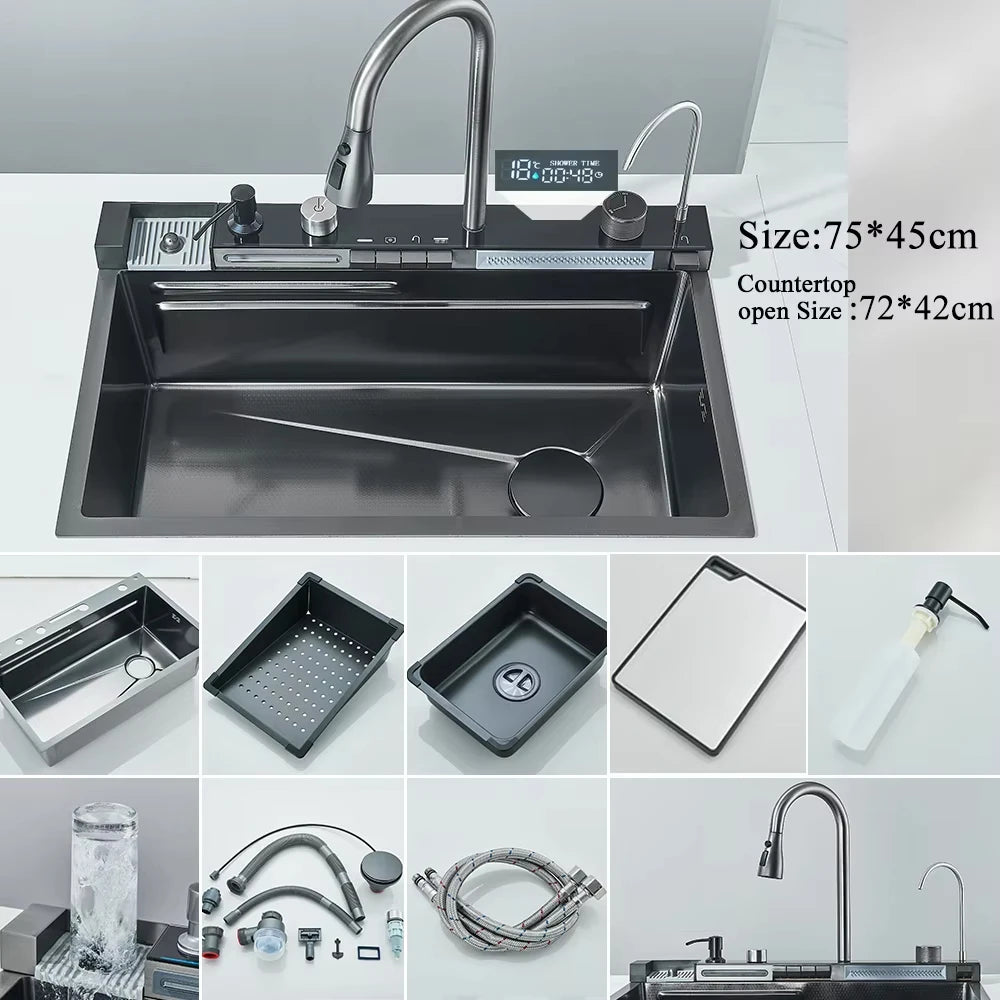 MYQualife Stainless Steel Waterfall Kitchen Sink With Digital Faucet Set