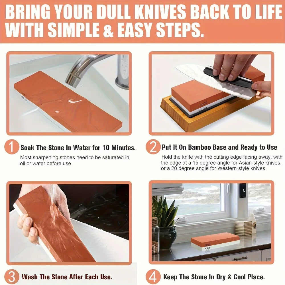 Professional Knife Sharpening Stone Set With Bamboo Base And Accessories