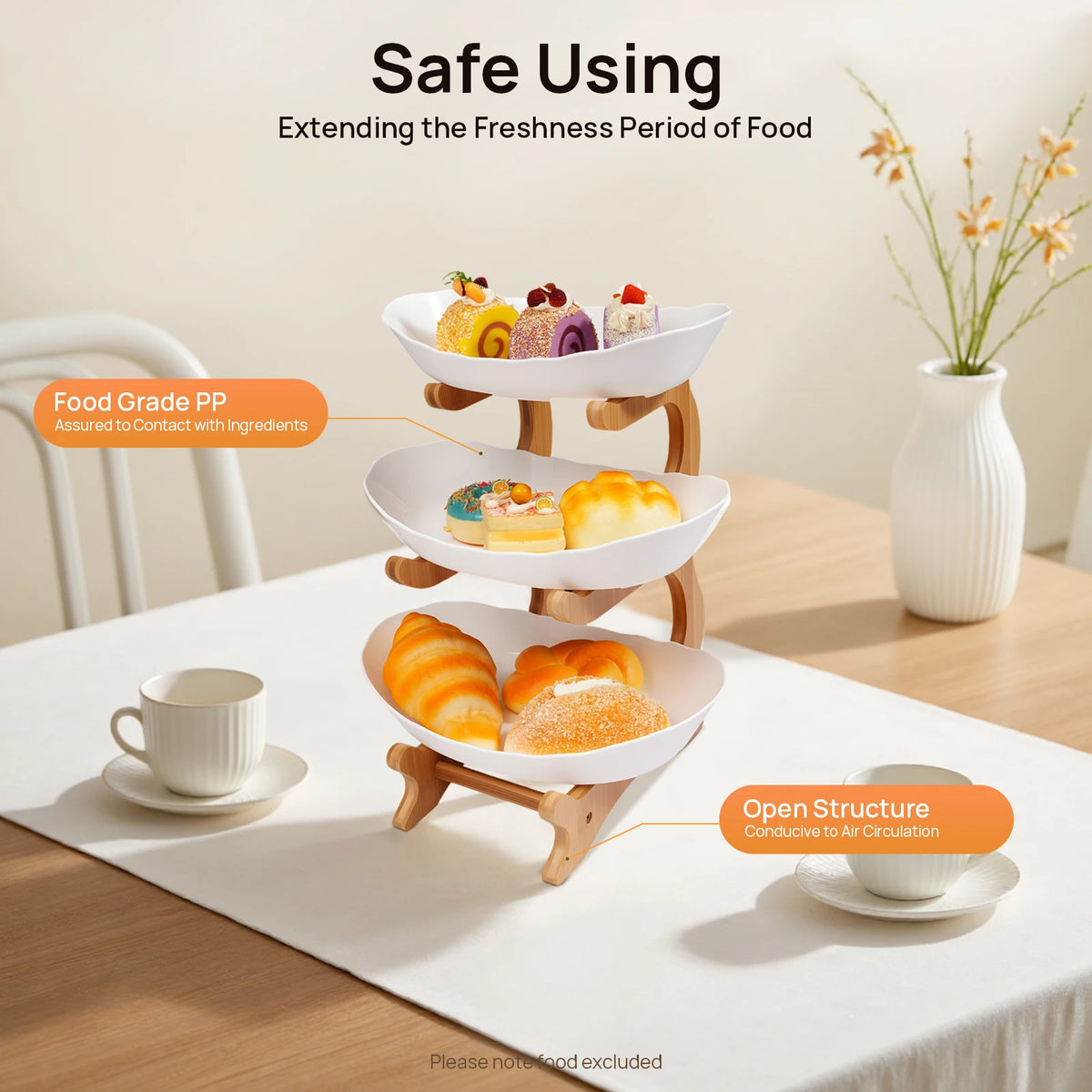 Three Tier Fruit Serving Tray With Bamboo Stand For Parties