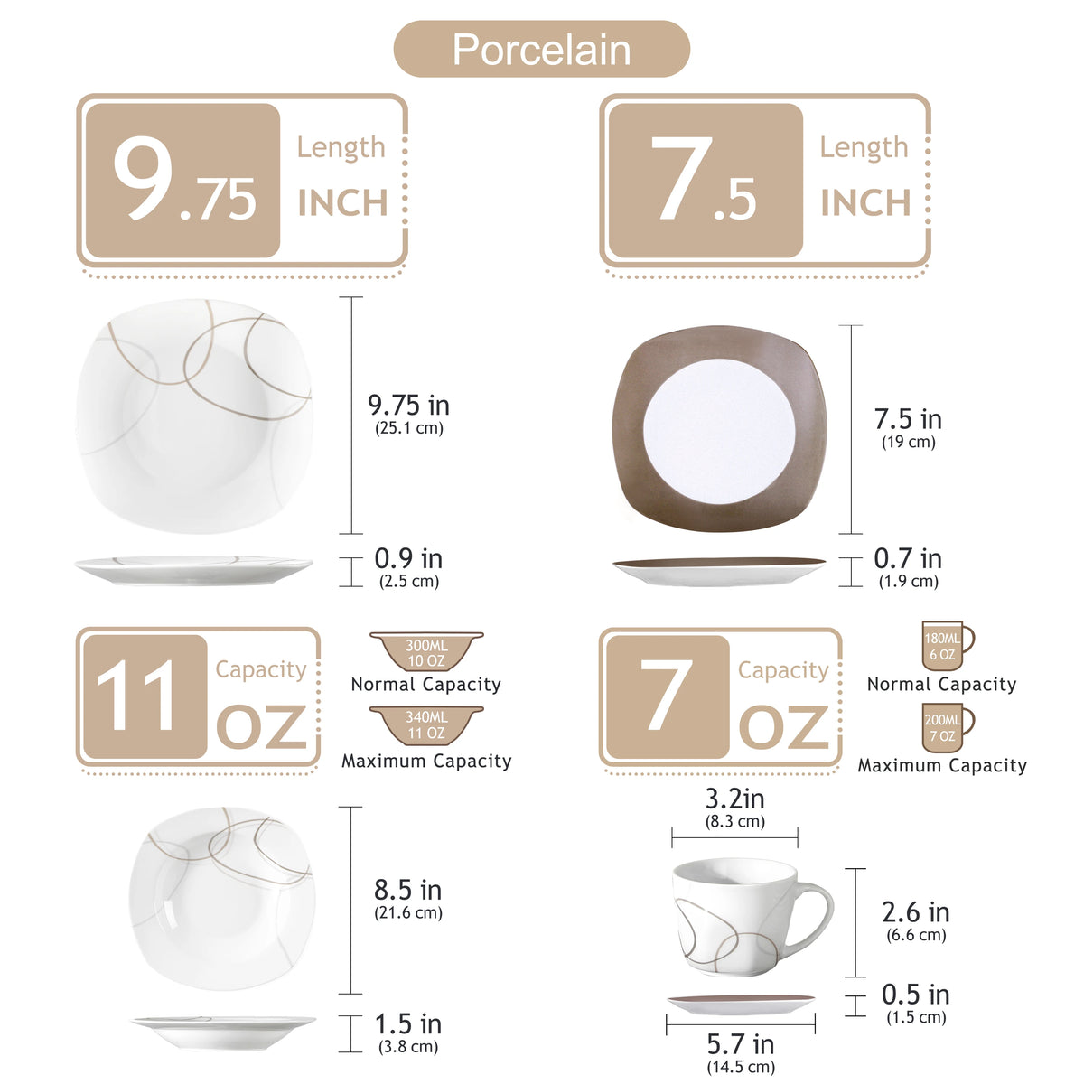 MALACASA Porcelain Dinnerware Set With Plates, Bowls, Cups And Saucers