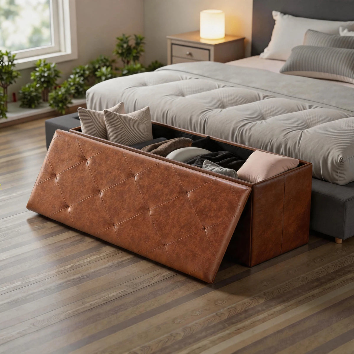 SARENZOON Folding Faux Leather Storage Ottoman Bench
