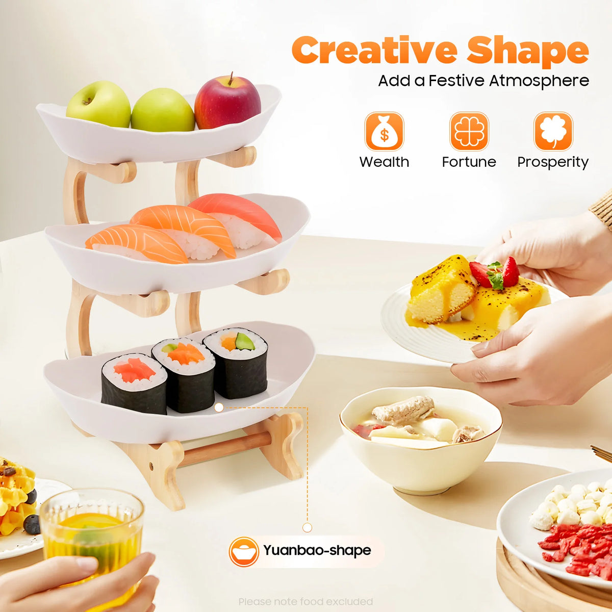 Three Tier Fruit Serving Tray With Bamboo Stand For Parties