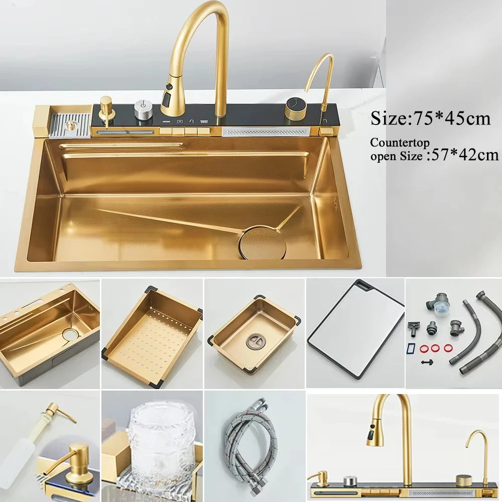 MYQualife Stainless Steel Waterfall Kitchen Sink With Digital Faucet Set
