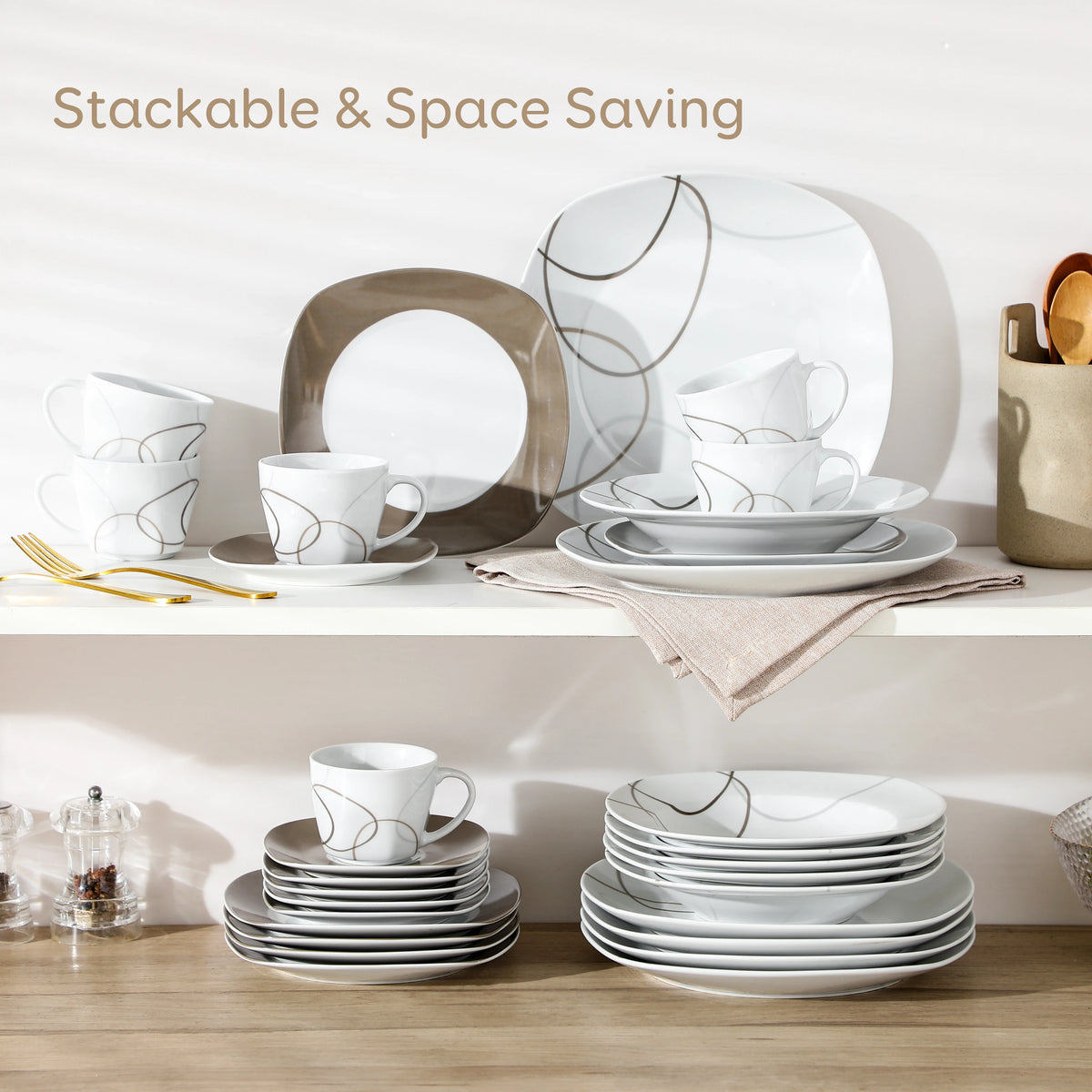 MALACASA Porcelain Dinnerware Set With Plates, Bowls, Cups And Saucers