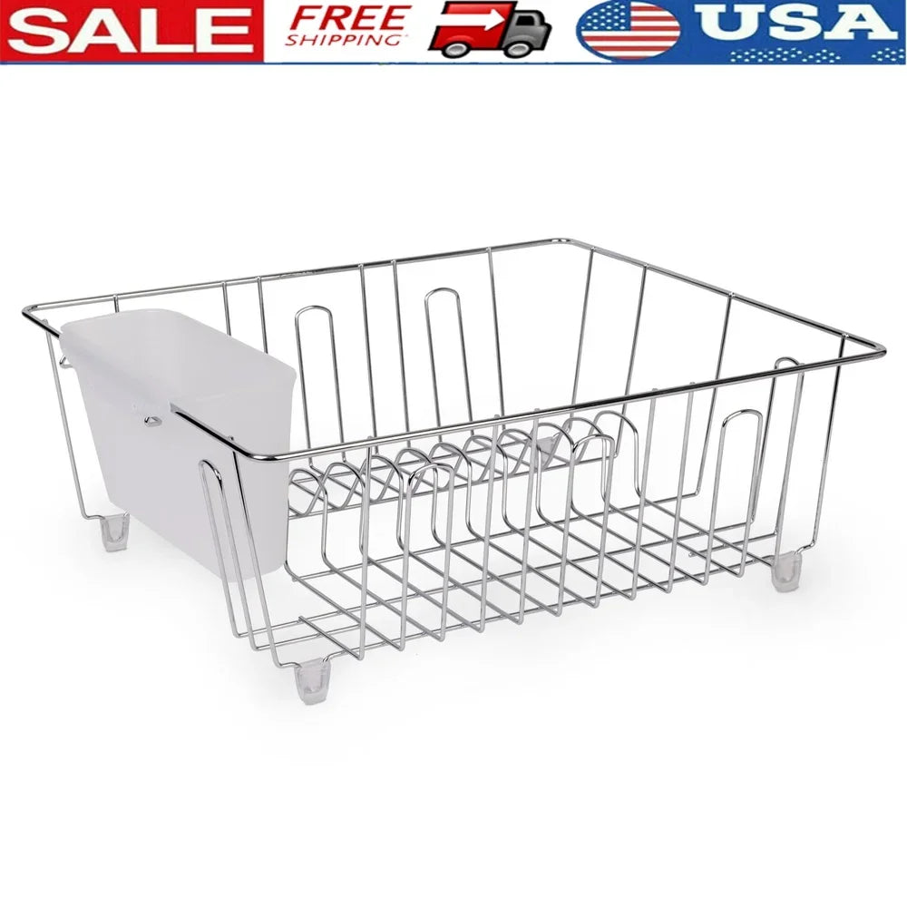 Compact Wire Dish Rack With Cutlery Holder For Kitchen Countertop