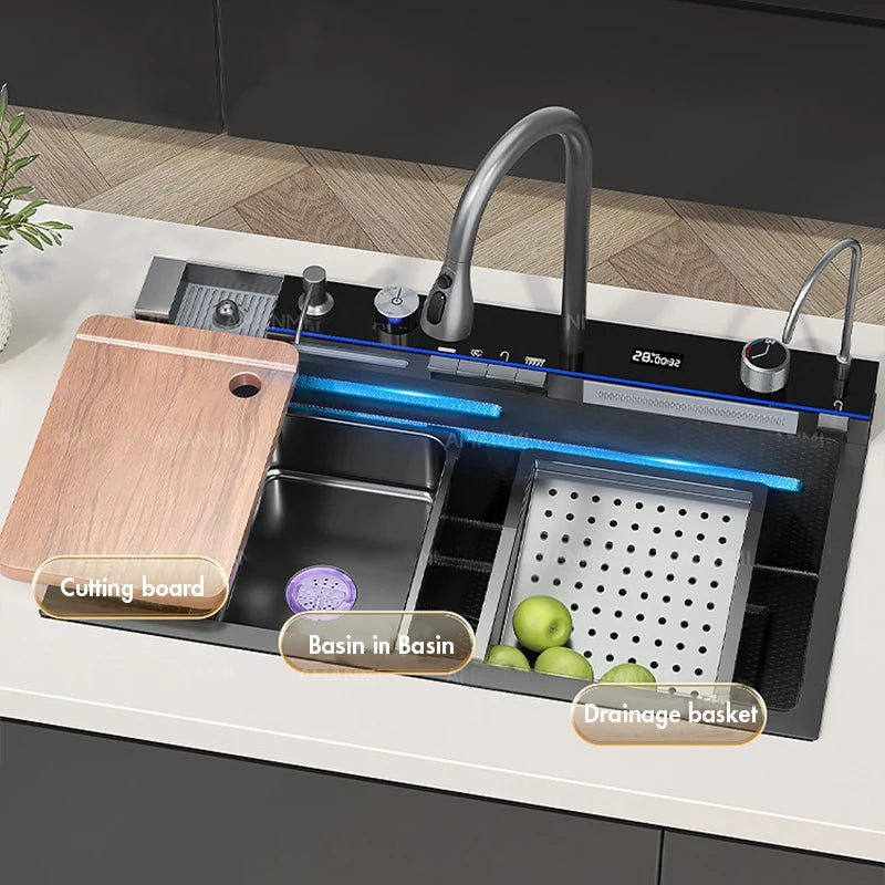 MYQualife Stainless Steel Waterfall Kitchen Sink With Digital Faucet Set