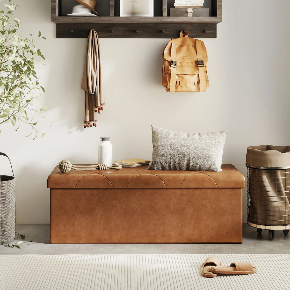 SARENZOON Folding Faux Leather Storage Ottoman Bench