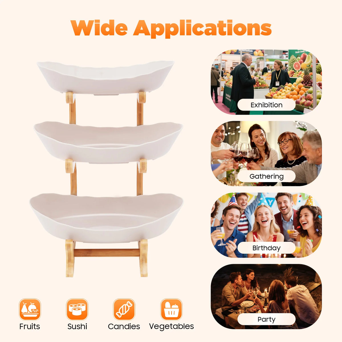 Three Tier Fruit Serving Tray With Bamboo Stand For Parties
