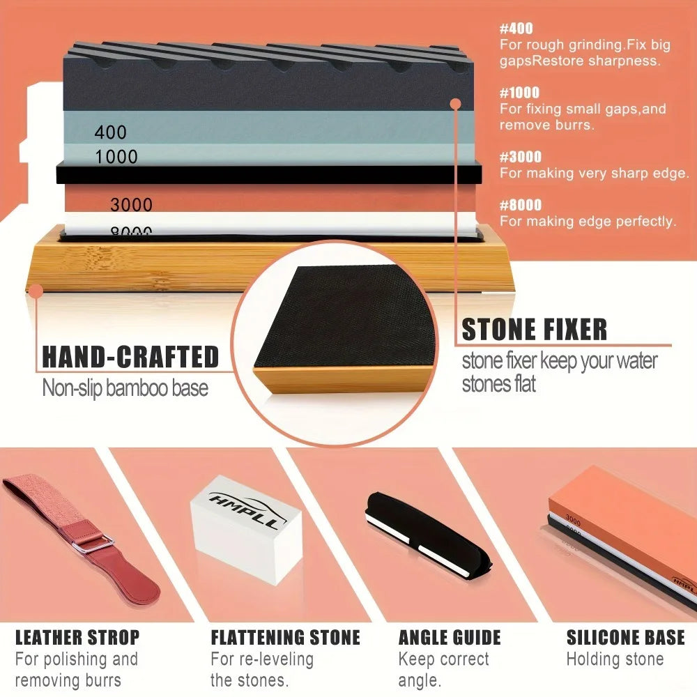 Professional Knife Sharpening Stone Set With Bamboo Base And Accessories
