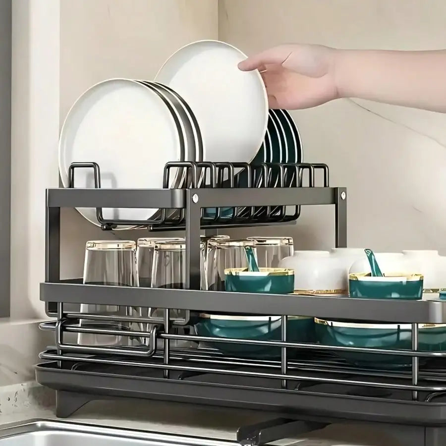 Retractable Stainless Steel Dish Rack With Pot Cup Storage