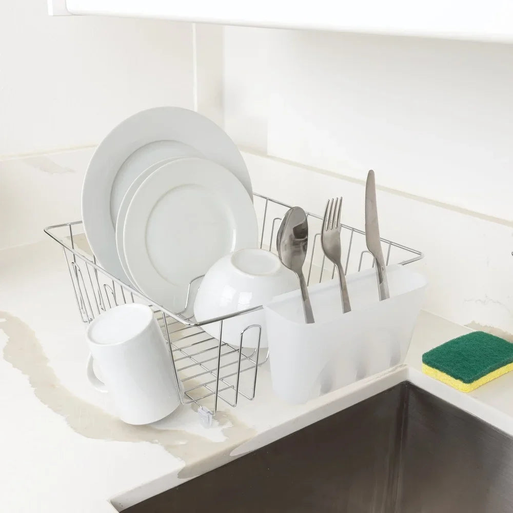 Compact Wire Dish Rack With Cutlery Holder For Kitchen Countertop