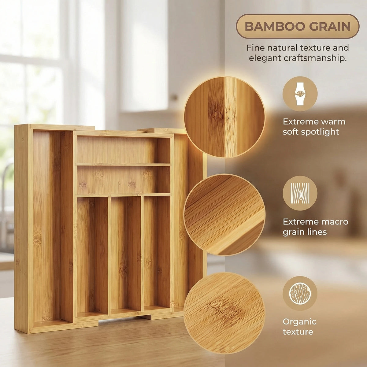 Expandable Bamboo Silverware Drawer Organizer for Kitchen Utensil Storage