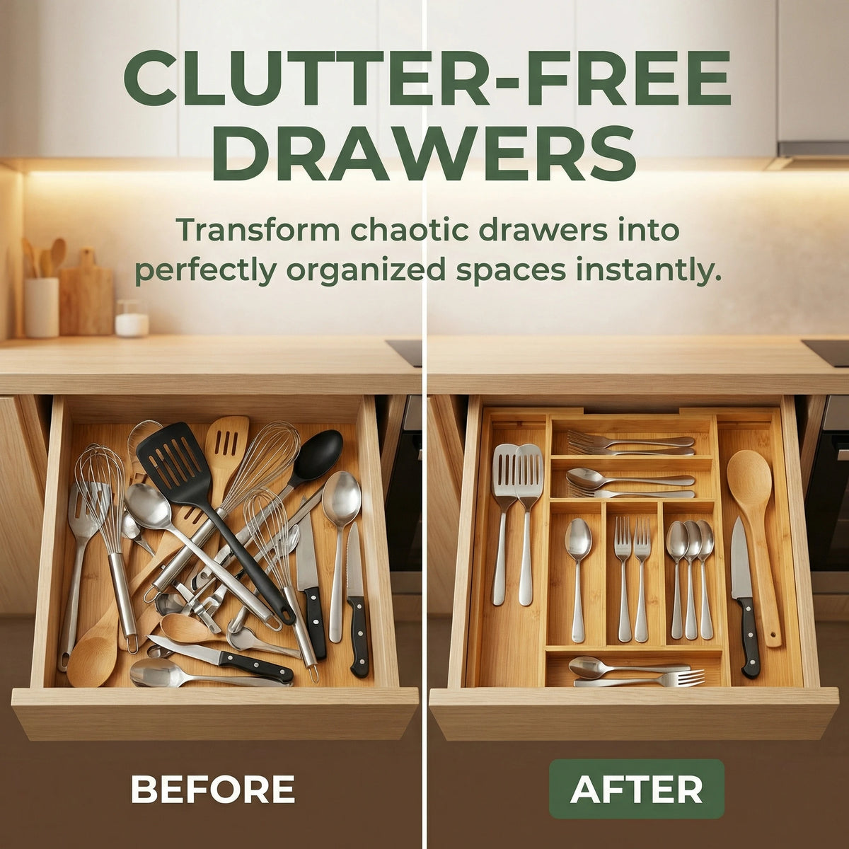 Expandable Bamboo Silverware Drawer Organizer for Kitchen Utensil Storage