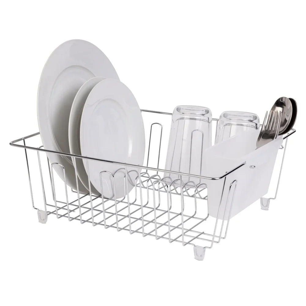 Compact Wire Dish Rack With Cutlery Holder For Kitchen Countertop