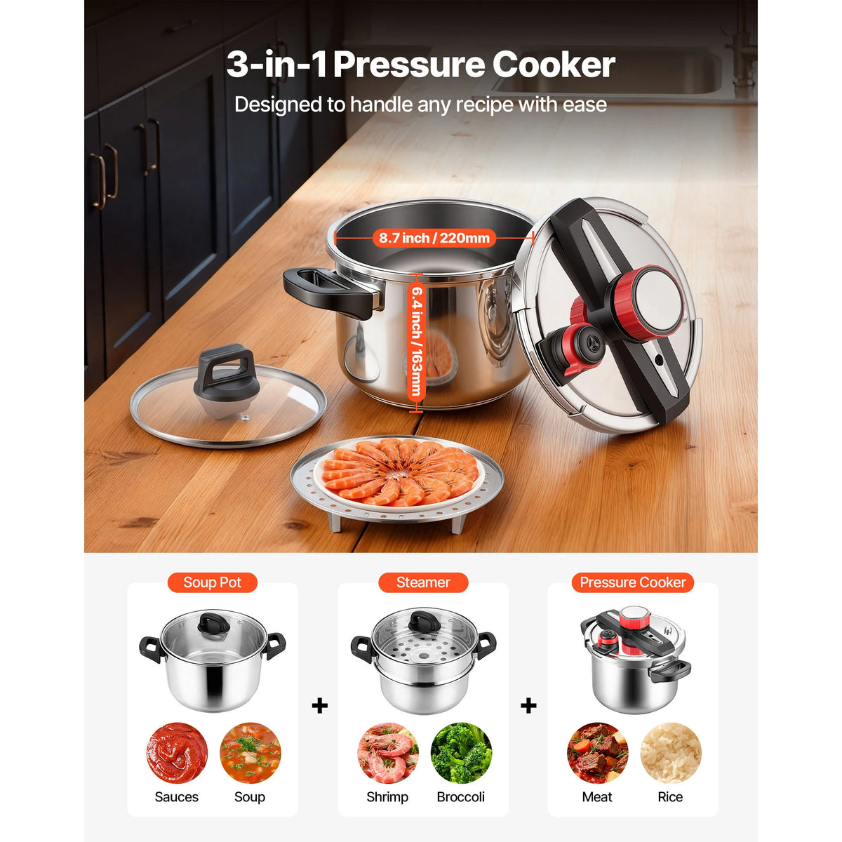 Succebuy Stainless Steel Pressure Cooker With Glass Lid Rack