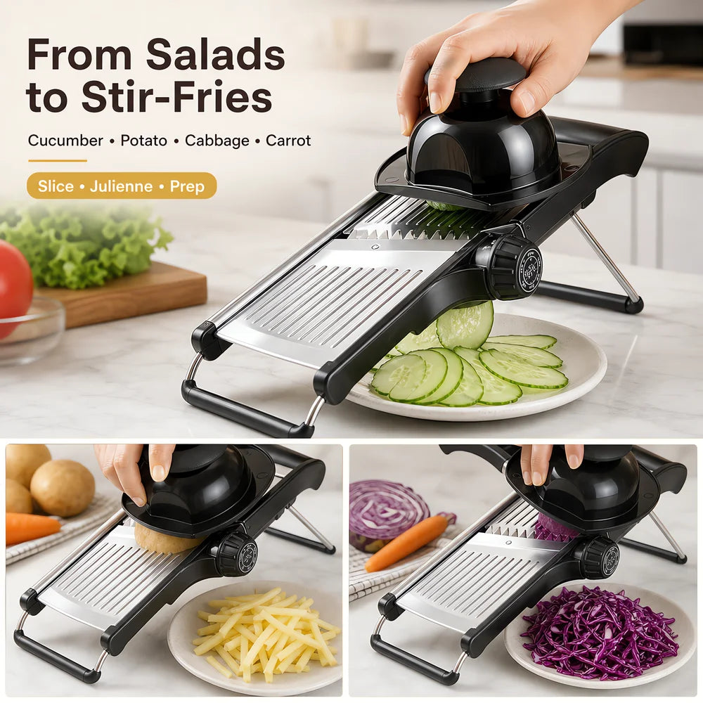Adjustable Mandoline Slicer With Food Holder And Julienne Cutter blades