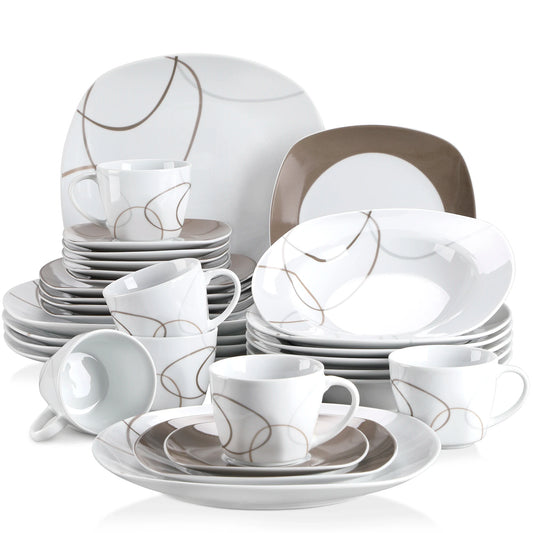 MALACASA Porcelain Dinnerware Set With Plates, Bowls, Cups And Saucers