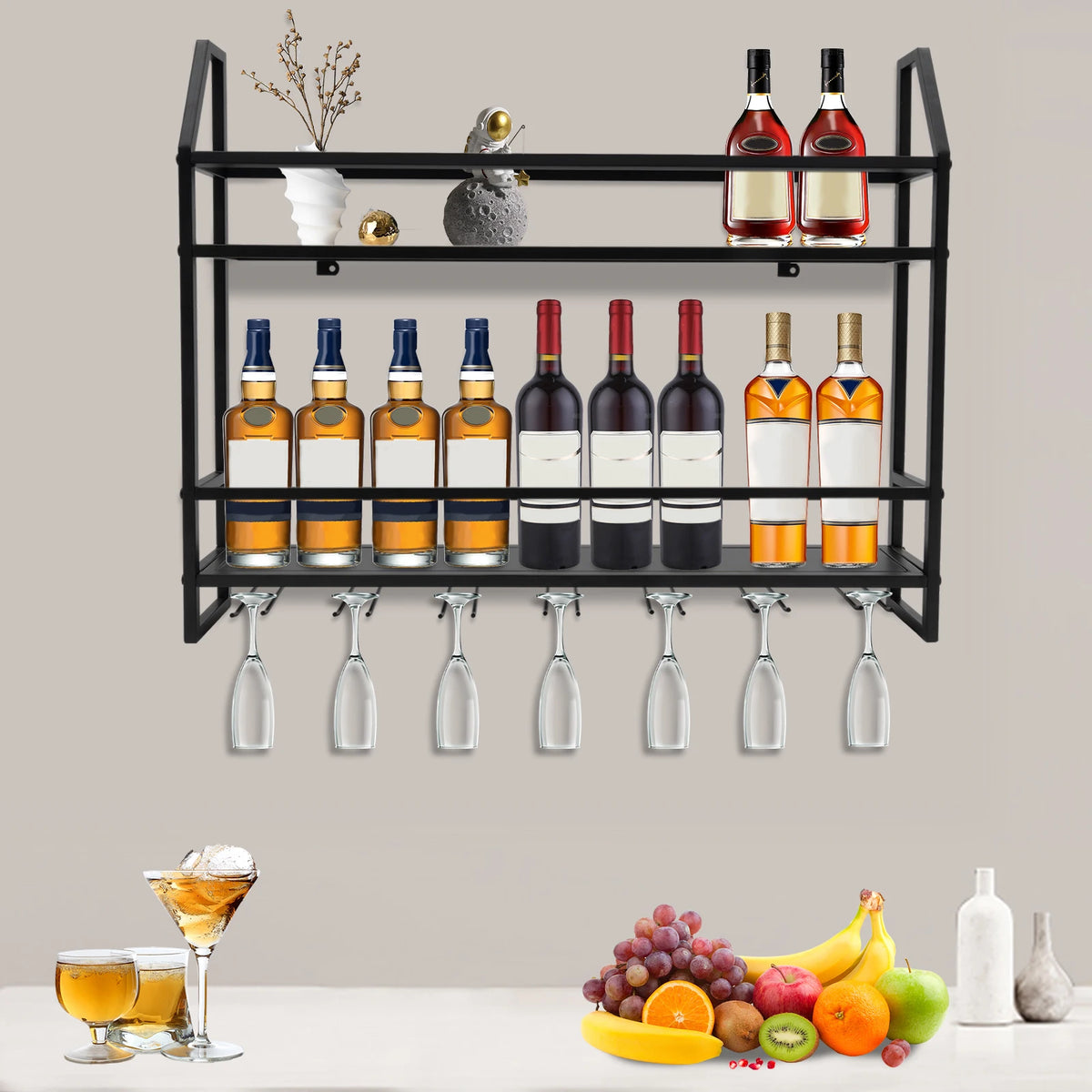 Wall Mounted Wine Rack With Glass Holder For Home Bar