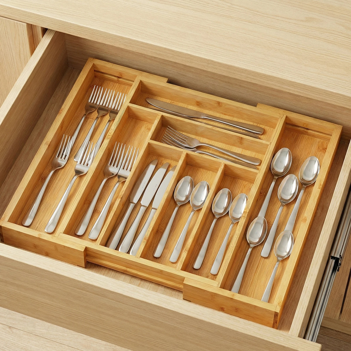 Expandable Bamboo Silverware Drawer Organizer for Kitchen Utensil Storage