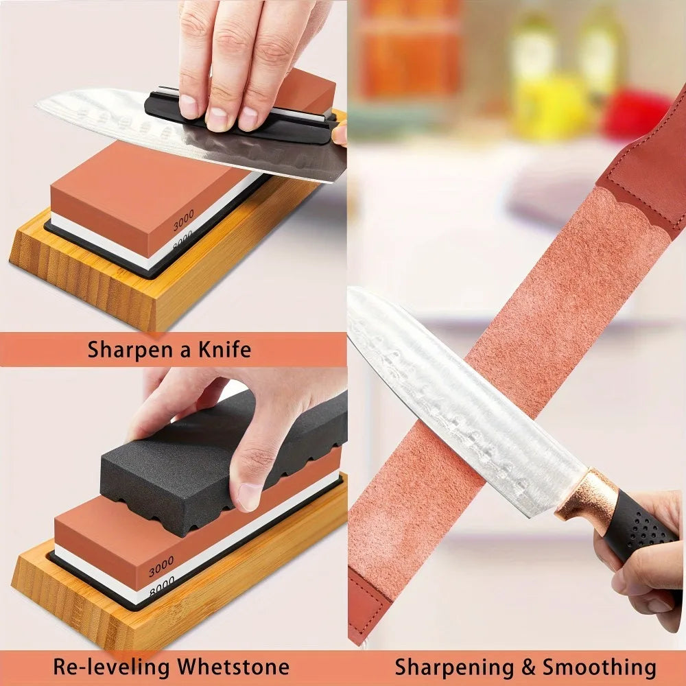 Professional Knife Sharpening Stone Set With Bamboo Base And Accessories