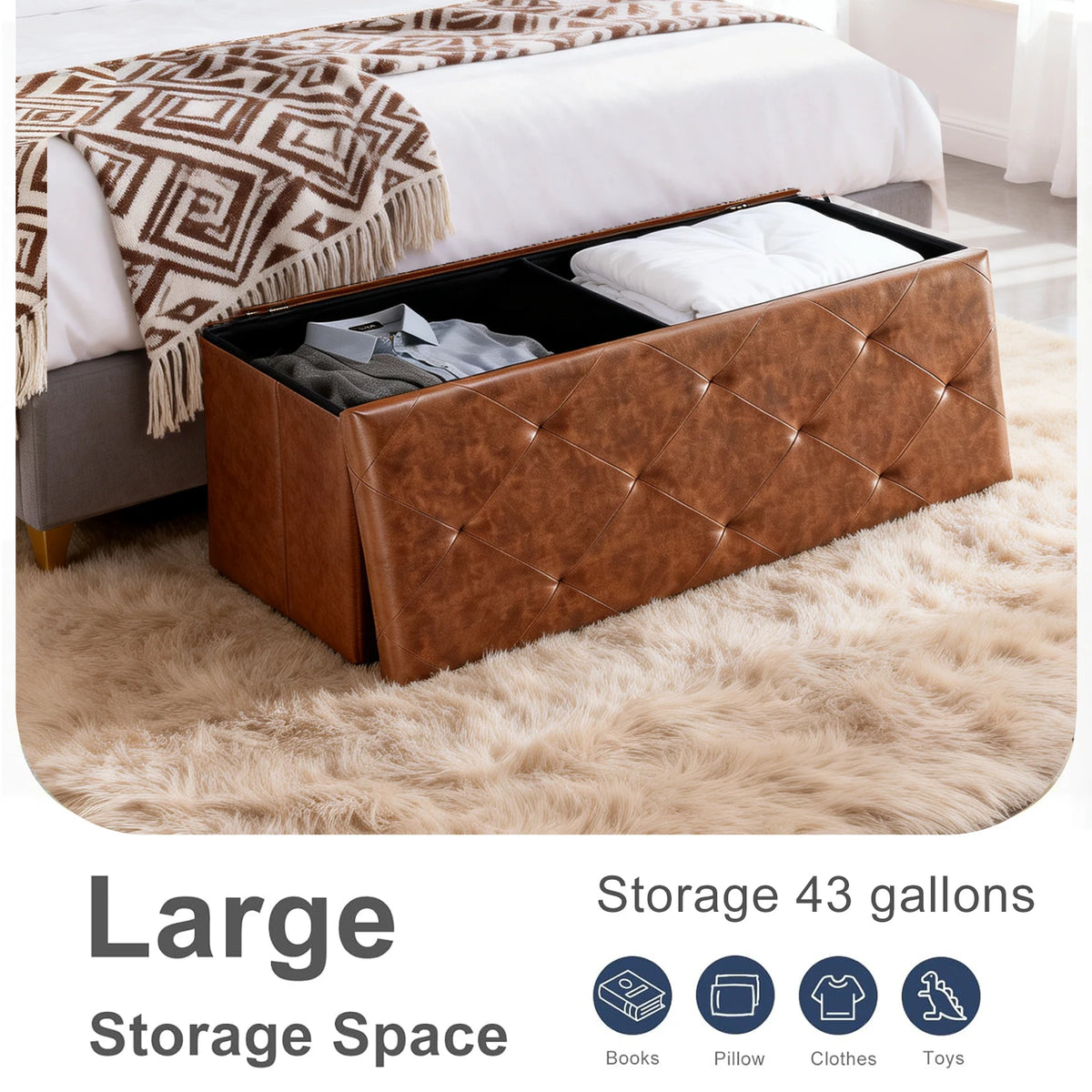 SARENZOON Folding Faux Leather Storage Ottoman Bench