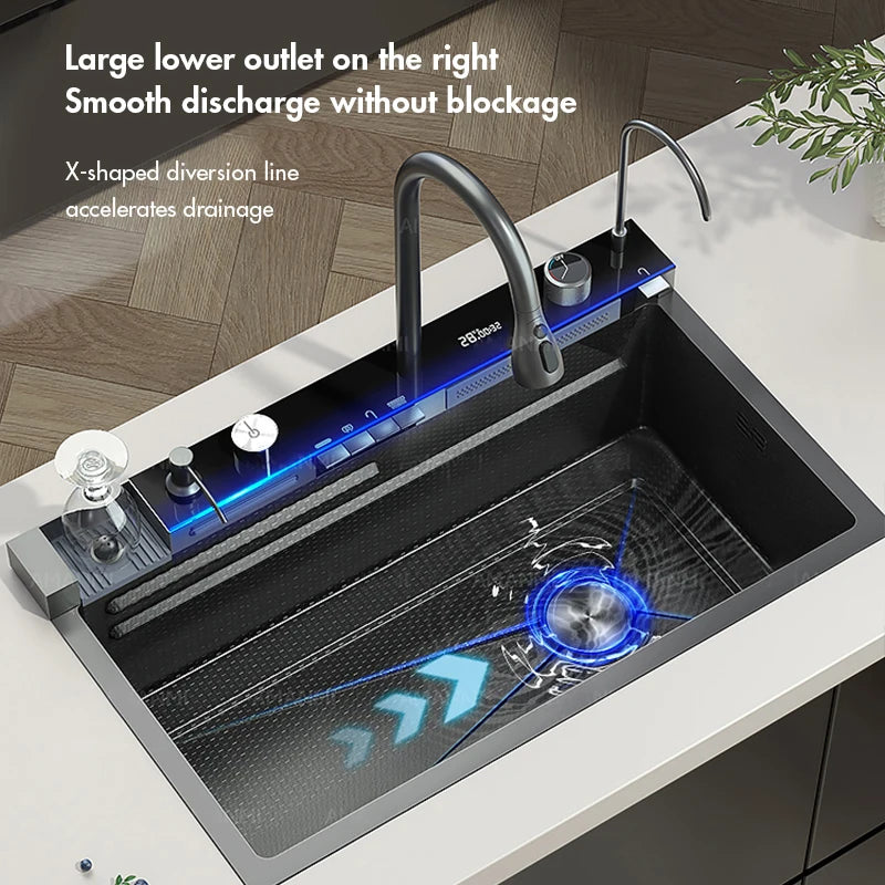 MYQualife Stainless Steel Waterfall Kitchen Sink With Digital Faucet Set