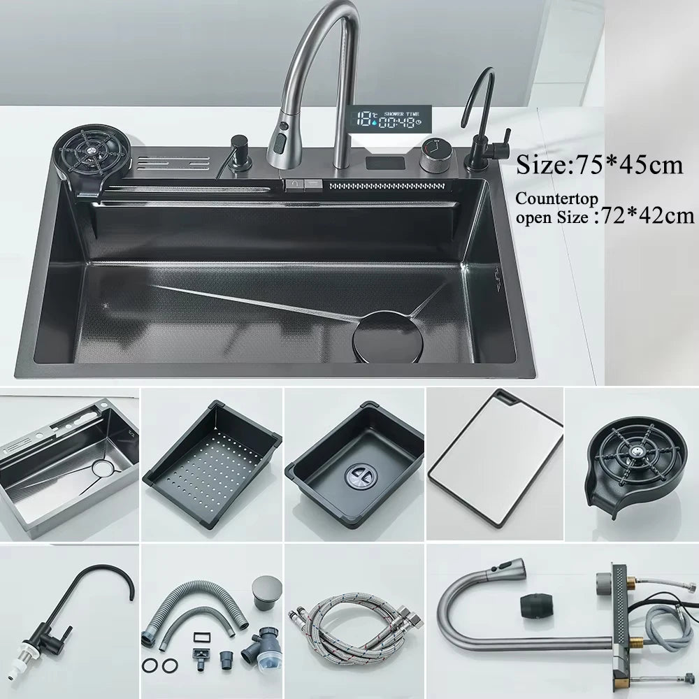 MYQualife Stainless Steel Waterfall Kitchen Sink With Digital Faucet Set