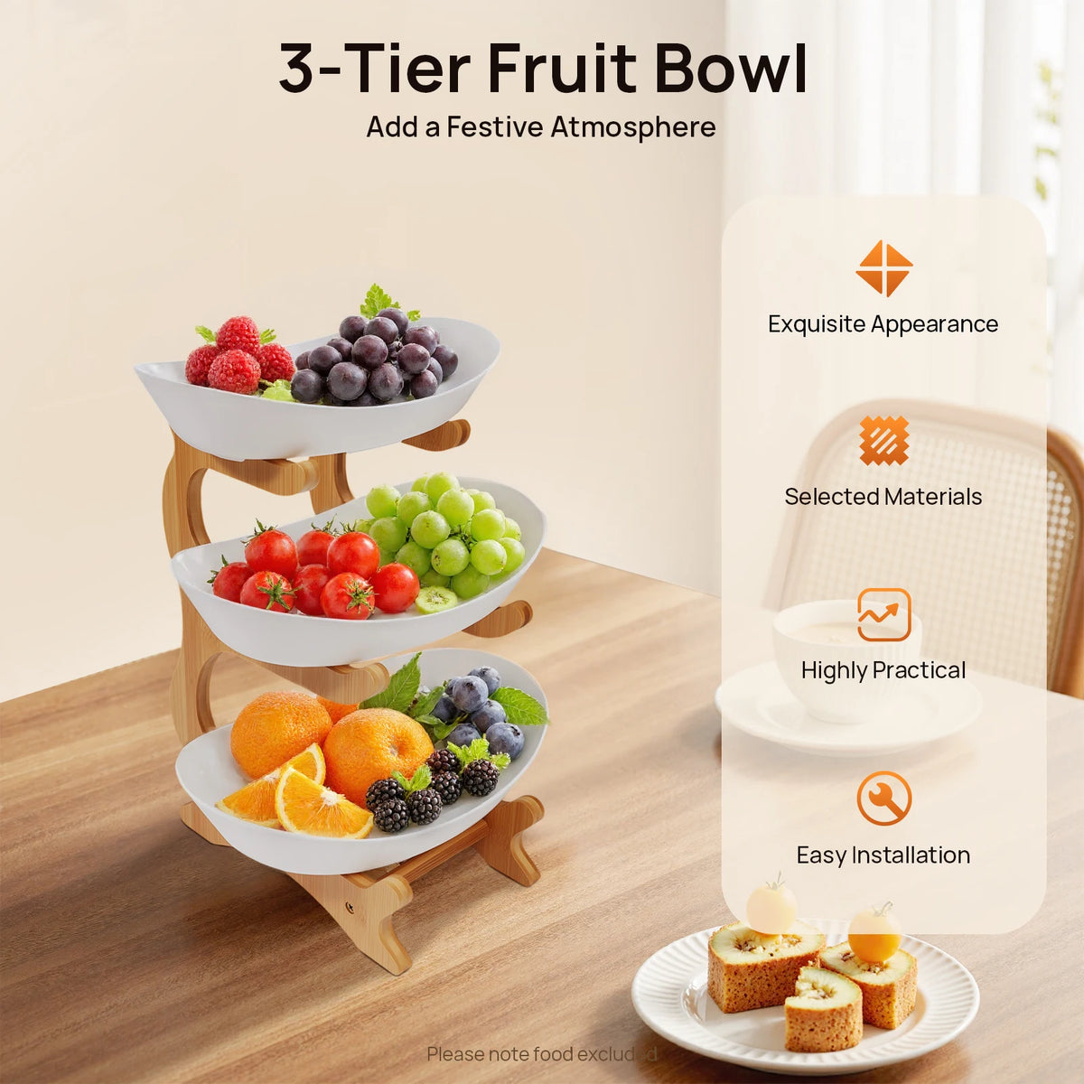 Three Tier Fruit Serving Tray With Bamboo Stand For Parties