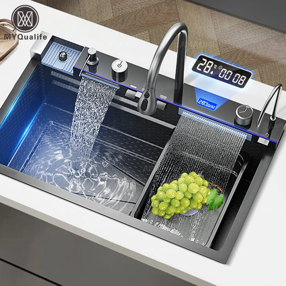 MYQualife Stainless Steel Waterfall Kitchen Sink With Digital Faucet Set