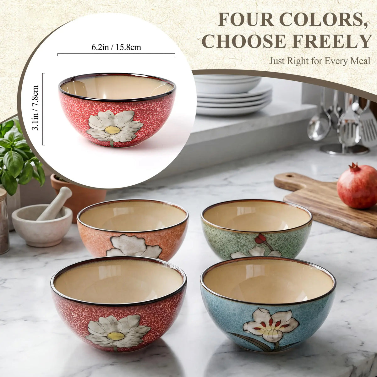 Hand Painted Floral Ceramic Cereal Bowls Set With Classic Design