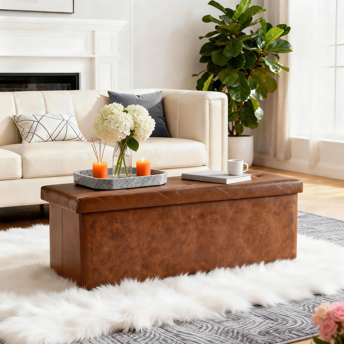 SARENZOON Folding Faux Leather Storage Ottoman Bench