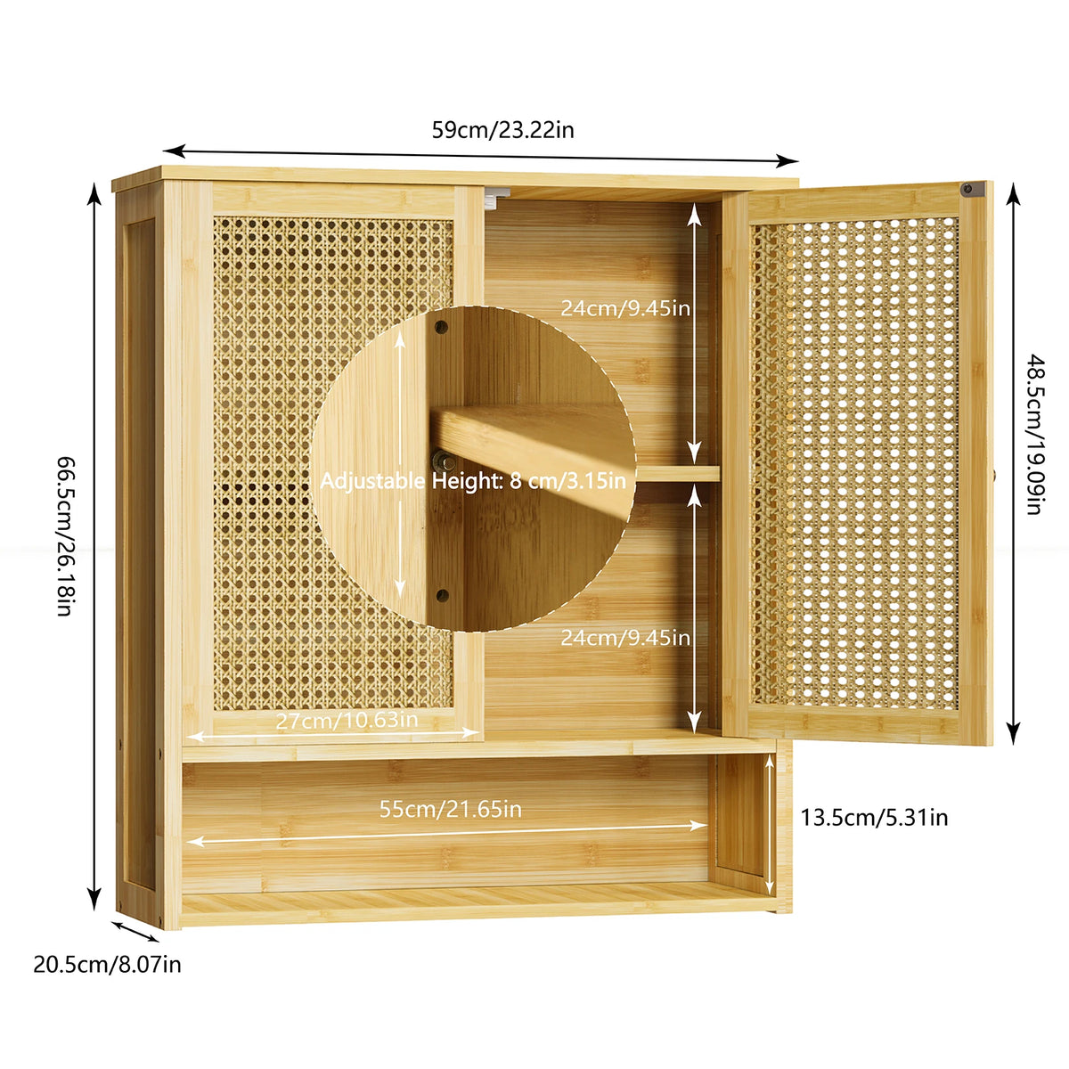 Bamboo Bathroom Wall Cabinet With Three Shelves And Two Doors