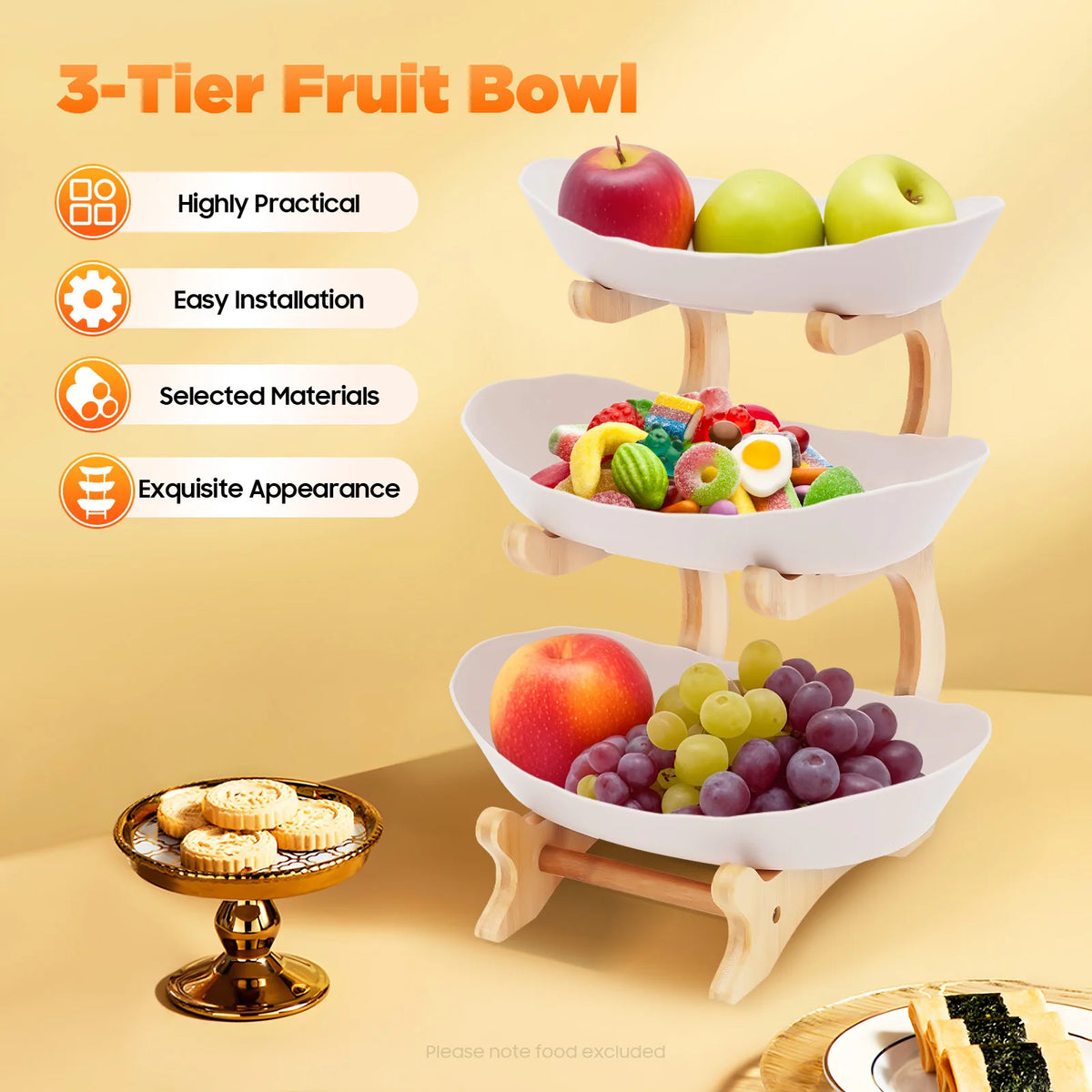 Three Tier Fruit Serving Tray With Bamboo Stand For Parties
