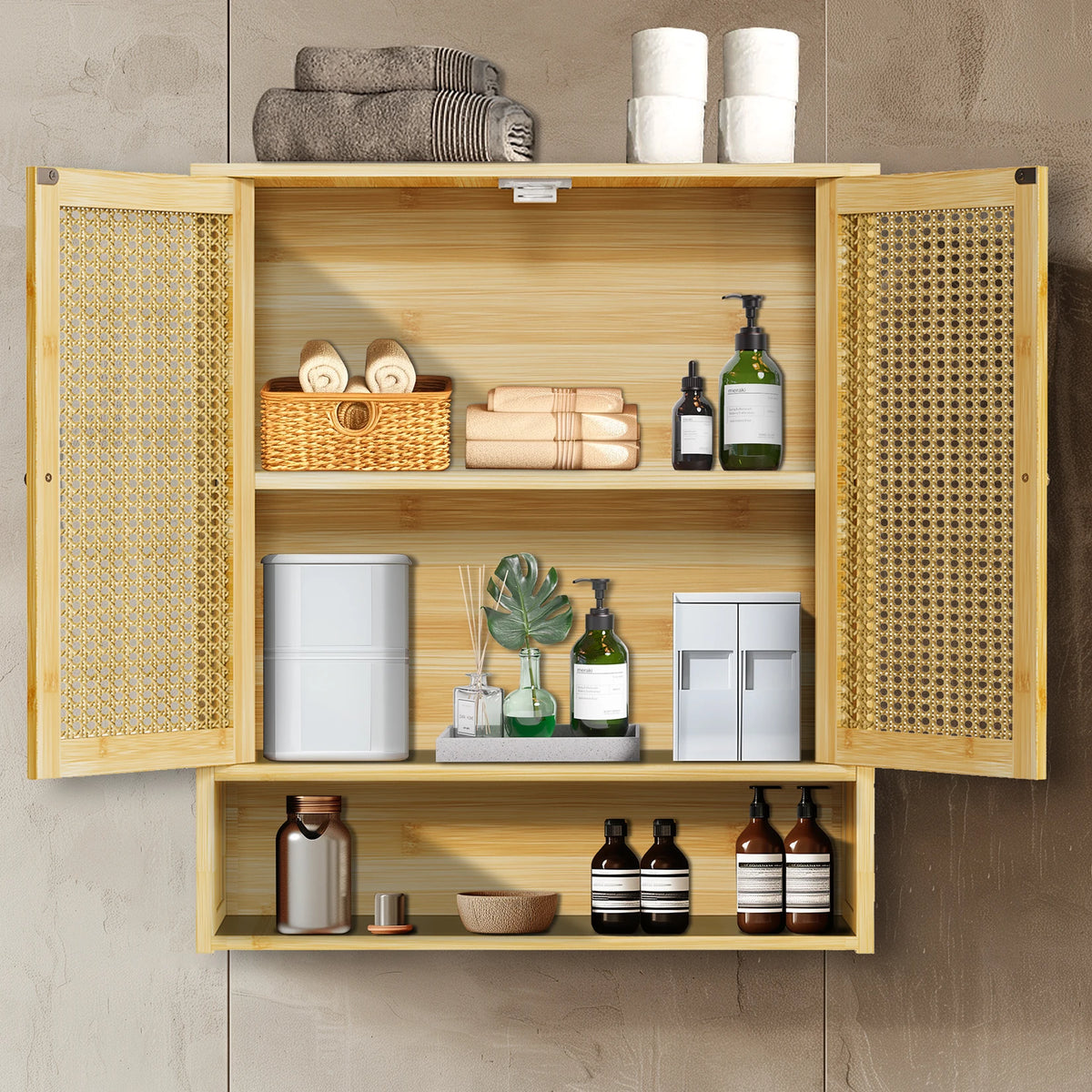 Bamboo Bathroom Wall Cabinet With Three Shelves And Two Doors