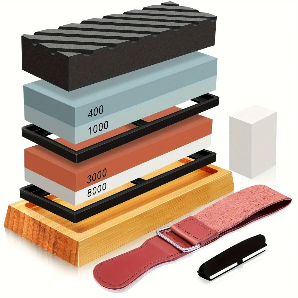 Professional Knife Sharpening Stone Set With Bamboo Base And Accessories