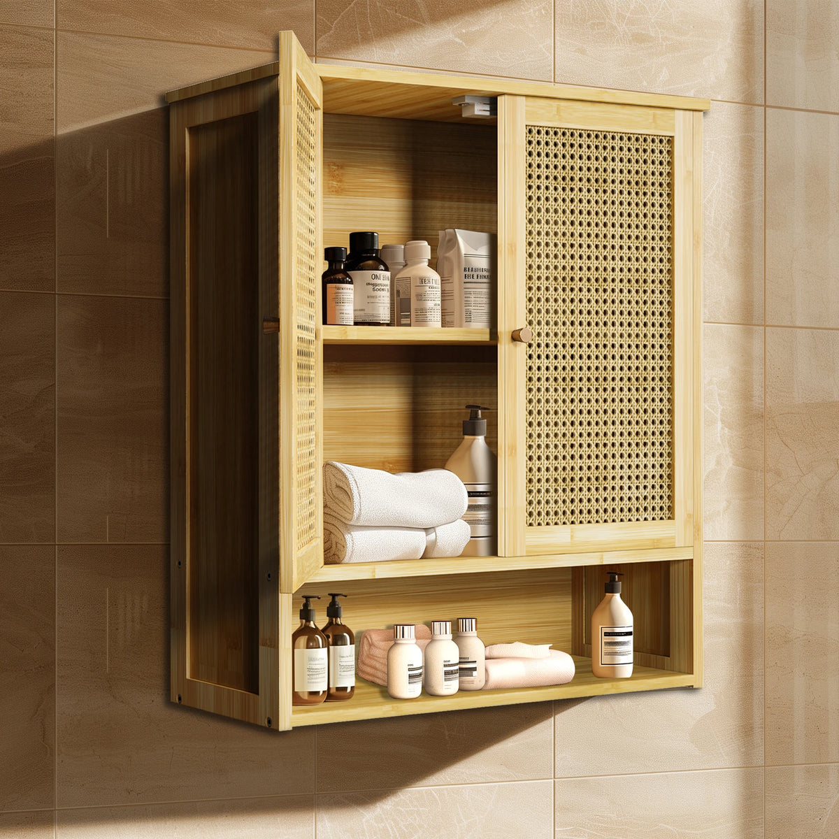 Bamboo Bathroom Wall Cabinet With Three Shelves And Two Doors