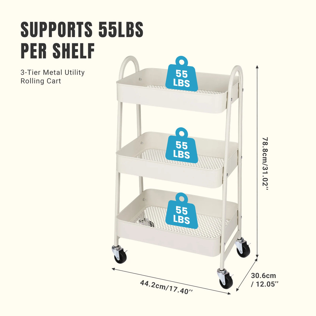 JHK Tiered Metal Rolling Storage Cart With Lockable Wheels