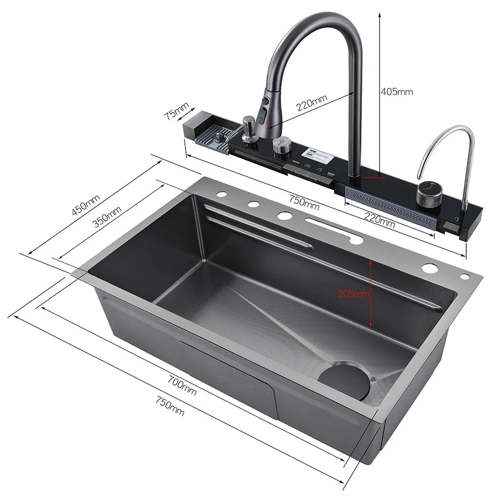 MYQualife Stainless Steel Waterfall Kitchen Sink With Digital Faucet Set