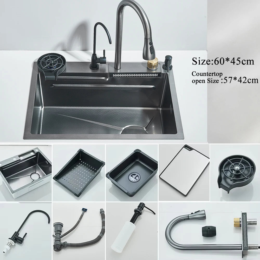 MYQualife Stainless Steel Waterfall Kitchen Sink With Digital Faucet Set