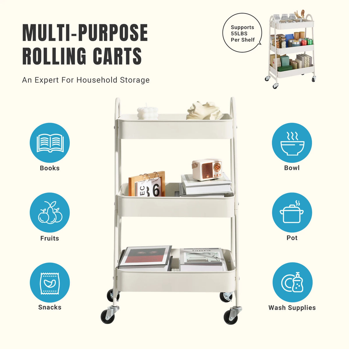 JHK Tiered Metal Rolling Storage Cart With Lockable Wheels
