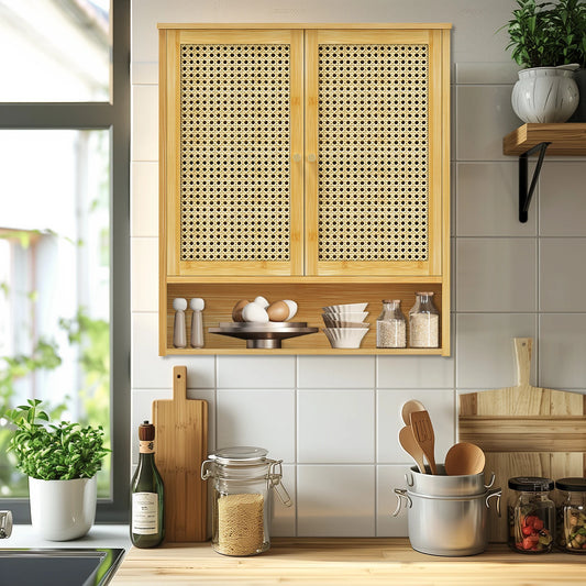 Bamboo Bathroom Wall Cabinet With Three Shelves And Two Doors