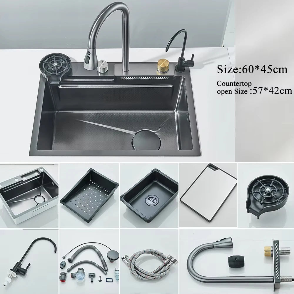 MYQualife Stainless Steel Waterfall Kitchen Sink With Digital Faucet Set
