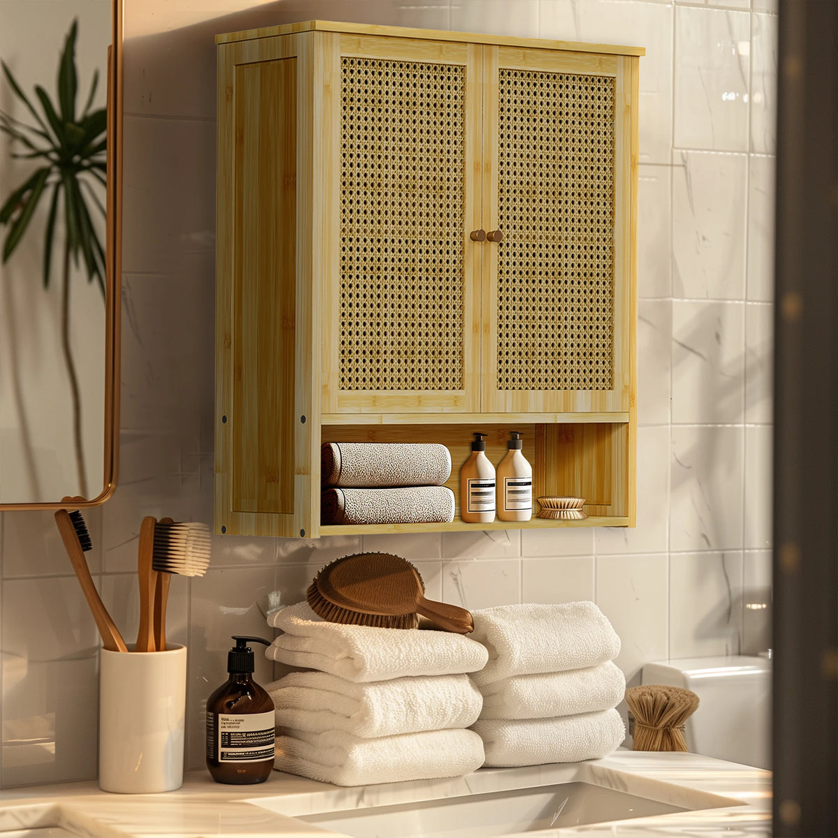 Bamboo Bathroom Wall Cabinet With Three Shelves And Two Doors