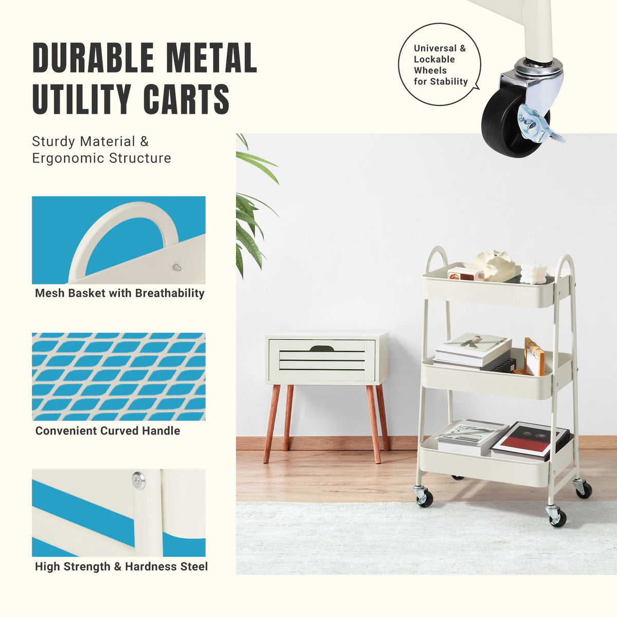 JHK Tiered Metal Rolling Storage Cart With Lockable Wheels